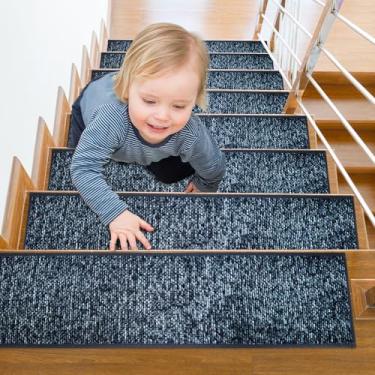 Imagem de Degraus antiderrapantes para escadas - corredor de escada de madeira interno - capas de carpete reutilizáveis e adesivas - tiras de borracha - pacote com 4 tapetes antiderrapantes 76 cm x 20 cm