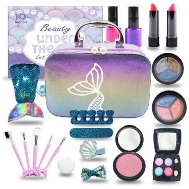 Imagem de Kit de Maquiagem Infantil Lavável com 20 Peças para Crianças de 4 a 10 Anos, 10Leccion Sereia, Roxo e Rosa