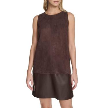 Imagem de Calvin Klein Minivestido feminino sem mangas, gola redonda, acabamento em couro sintético, Grãos de café, 40