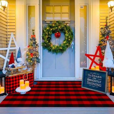 Imagem de Tapete Corzen vermelho preto xadrez de algodão 12x183 cm ao ar livre -