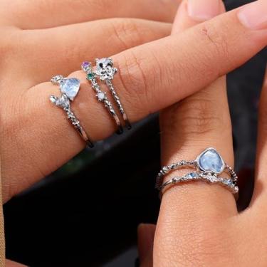 Imagem de 3 peças/conjunto de anéis empilháveis para mulheres modernos delicados banhados a prata zircônia cúbica declaração azul em forma de coração amor amizade promessa anéis de noivado tamanho ajustável