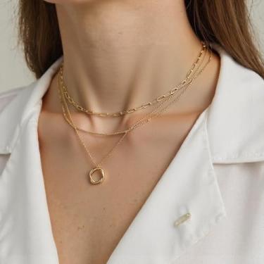 Imagem de Colares de ouro em camadas para mulheres, colar empilhável, moderno, banhado a ouro, prata, corrente circular, pingente, gargantilha, conjunto de colar de ouro, joias presentes para mulheres, one size