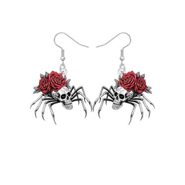Imagem de Brincos pendentes de aranha de caveira de terror de acrílico para mulheres, aranha gótica assustadora com rosa peculiar acessórios de bijuteria de Halloween, Medium, Acrílico Aço inoxidável, Sem pedra