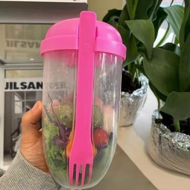 Imagem de Recipiente de alimentos para salada com tampas e garfo, recipiente à prova de vazamento para molho para café da manhã, vegetais e frutas, rosa
