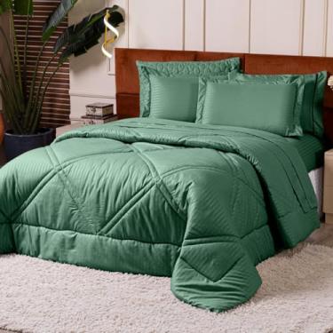 Imagem de Kit Edredom Cobertor QUEEN 03 Peças Mônaco Fitado Percal Soft 300 Fios com Fronhas - Dupla Face Listrado Acetinado Brilhante Toque Macio Cheio Grosso (Verde)