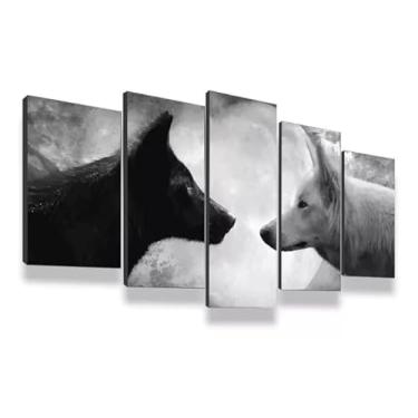 Imagem de Kit quadro decorativo 5 peças 95x60cm Lobos Casal Lua Cheia