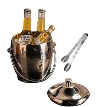 Imagem de Balde de gelo de aço inoxidável bicamada preservação do calor isolamento frio bonito KTV champanhe vinho tinto cerveja gelo bloco de gelo balde comercial com pinça de gelo grátis ou colher de gelo