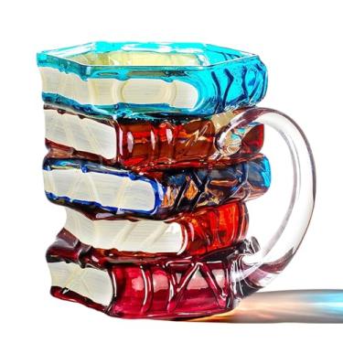 Imagem de AKLOZYX Caneca de café artística de vidro, capacidade de 350 ml, xícaras de chá feitas à mão, divertidas, design decorativo para amantes de livros, presentes para mulheres e homens (pintado em 3D (B