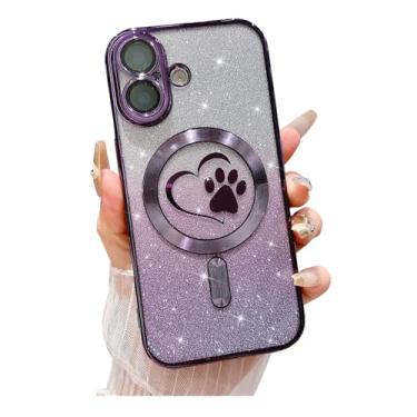Imagem de Weonmov Capa para iPhone 16, glitter transparente fofo coração amor pata, compatível com MagSafe, capa de proteção de lente de câmera magnética forte, capa de telefone macia fina brilhante 6,1