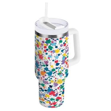 Imagem de Blueangle Copo isolado de 1,134 g com alça e tampa de canudo - Caneca de viagem de aço inoxidável à prova de vazamento, garrafa de água com respingos de tinta colorida a vácuo de parede dupla (50)