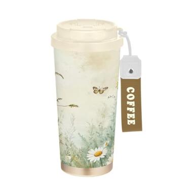 Imagem de SEHANY Caneca de viagem Green Grasses Wildflower 482 g Copos de café reutilizáveis revestidos de cerâmica com tampa à prova de vazamento, parede dupla, isolamento a vácuo, copo de café de aço