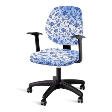 Imagem de PJHEQOXE Capa de cadeira de mesa com estampa floral azul, elástica, duas peças para cadeiras de escritório divididas, extensível