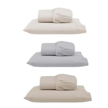 Imagem de Kit 3 Jogos de Lençol Solteiro com Elástico e Fronha Bordada em Ponto Palito, 6 Peças em Micropercal 300 Fios 100% Poliéster (Solteiro Versat(Palha/Cinza/Cáqui))