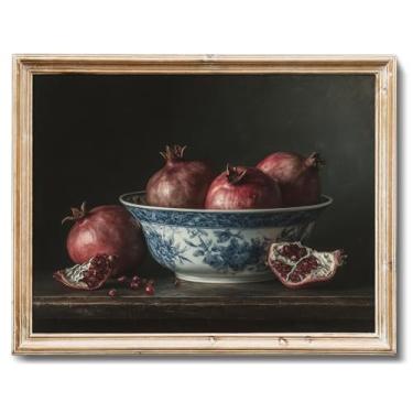 Imagem de RETRART Impressão de arte de parede de romã vintage sem moldura 20 x 25 cm, pintura de frutas de outono, decoração de cozinha rústica, vida morta de fazenda com romãs vermelhas em tigela de porcelana