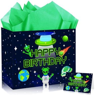 Imagem de JORHANCE Sacos de presente alienígena com papel de seda e cartão de aniversário - Saco de embrulho grande para decorações de festas alienígenas, decorações de OVNIs - Papel de embrulho para