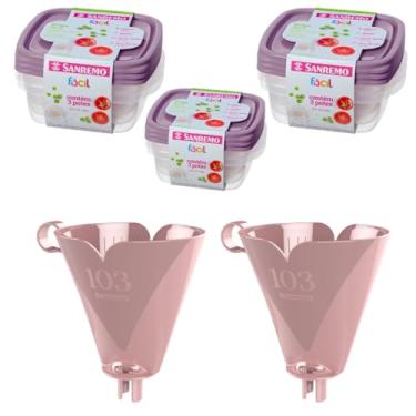 Imagem de Conjunto de 2 Suporte para Filtro de Café 103 Rosa + 3 Kit c/ 3 Potes Plásticos Herméticos 530ml