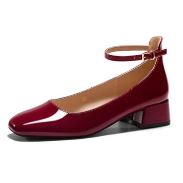 Imagem de Coutgo Sapato feminino de salto baixo grosso fechado bico quadrado com tira no tornozelo, vestido de formatura de casamento, Borgonha, 40