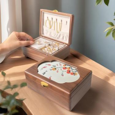 Imagem de Caixa de joias de madeira maciça de nogueira preta para mulheres, organizador clássico de 2 camadas com bandeja removível para anéis, colares, brincos, pulseira, armazenamento de relógio, presentes de