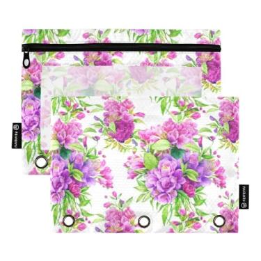 Imagem de Estojo de lápis colorido com 3 anéis para fichário de flores roxo com zíper bolsa para lápis fichários transparentes estojo de canetas armazenamento escolar 25 x 18 cm, 2 pacotes
