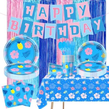Imagem de Conjunto de utensílios de mesa com estampa de hibisco havaiano, 84 peças, utensílios de mesa tropicais descartáveis, decorações de aniversário com tema de ilha de verão