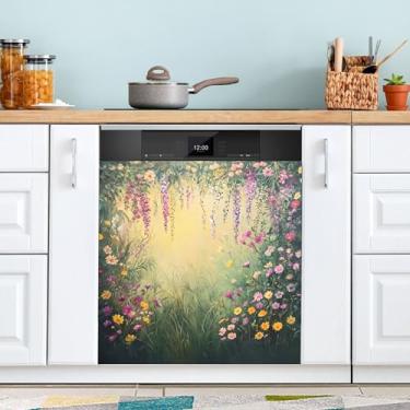 Imagem de SEHANY Capa magnética colorida com flores de jardim Monet para máquina de lavar louça, adesivos magnéticos decorativos antiarranhões para painel de geladeira e lava-louças, decoração de flores de