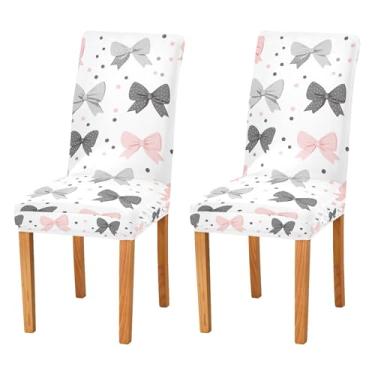 Imagem de SEHANY Conjunto de 4 capas de cadeira com laço de bolinhas rosa para sala de jantar, elástico, removível e lavável, para cozinha, hotel, festa, Natal