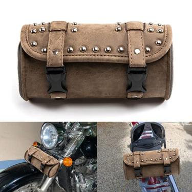 Imagem de APEBAZY Bolsas de selim de motocicleta, acessórios de couro, bolsas de selim para motocicleta, rolos de bagagem, sacos de garfo frontal com 2 tiras de fivela (#1 marrom)