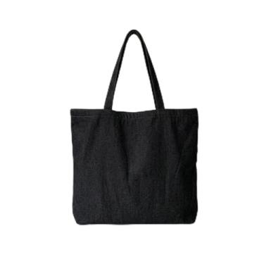 Imagem de Sacola jeans de cor sólida – Bolsa de mão de grande capacidade com zíper, design minimalista vintage, bolsa de ombro com bolso interno, Preto