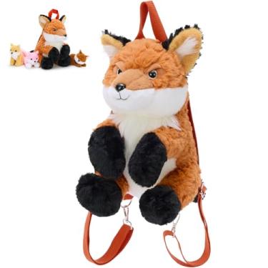 Imagem de Tezituor Mochila de pelúcia Fox 33 cm, bicho de pelúcia com alça ajustável e três bebês, linda bolsa de ombro de pelúcia de desenho animado