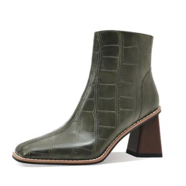 Imagem de MOTIMODEN Bota feminina de cano curto com zíper grosso salto médio retrô quadrado bico fino botas curtas sapatos de salto para mulheres outono inverno, Verde, 35