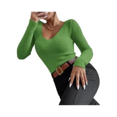 Imagem de Blusa Feminina De Tricô Canelado Com Decote V E Listras, Manga Longa, 