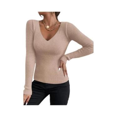 Imagem de Blusa Feminina De Tricô Canelado Com Decote V E Listras, Manga Longa, 