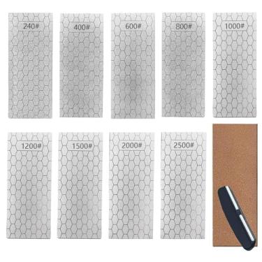 Imagem de Pedra de amolar diamante, placa de superfície de favo de mel com base antiderrapante para tesouras de bolso (lixa 240/400/600/800/1000/1200/1500/2000/3000, com guia de ângulo e couro)