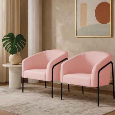 Imagem de Poltrona Sala Industrial Alta Preto Kit 2 Stella Suede Rosa Bebê D03 -