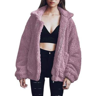 Imagem de Casaco Oversized Sherpa Fleece com Zíper PRETTYGARDEN Rosa Escuro G