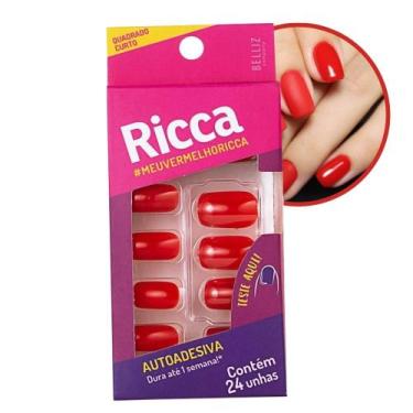Imagem de Unhas Postiças Vermelha Paixão Autoadesiva Quadrada Curta 24 Unhas Ric