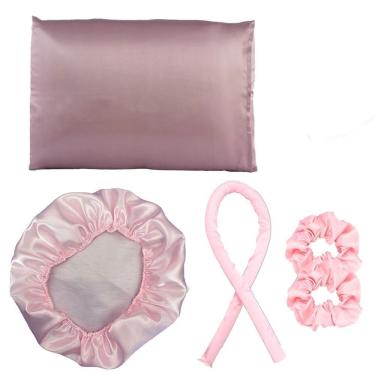Imagem de Kit Touca de Cetim e Modelador de Cachos Touca Anti Frizz com Fronha e 2 Scrunchies Rosa OEM