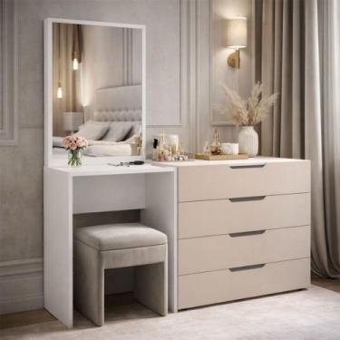 Imagem de Cômoda Madrid 4 Gavetas com Espelho Creme/Branco - Politorno, Bege Cla