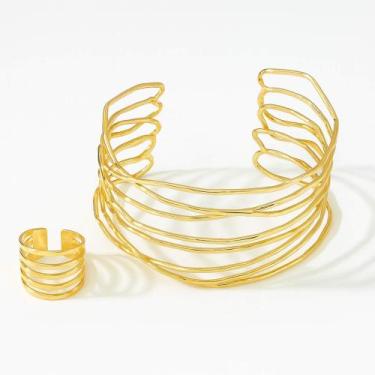Imagem de Bracelete e Anel Orgânico Regulável - Banhado em Ouro 18k - Tri Gata S