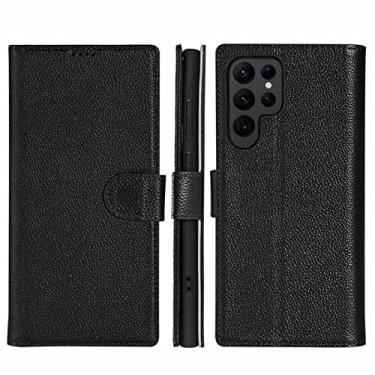 Imagem de Capa para Samsung Galaxy S22/S22+/S22 Ultra, Capa de couro legítimo fina com suporte slot para cartão de crédito Proteção de câmera à prova de choque Flip Carteira Capa, Preta, S22 Ultra 17,8 cm