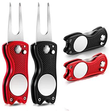 Imagem de 4 ou 5 pacotes de ferramenta de reparo de golfe de aço inoxidável dobrável ferramenta de golfinho ferramenta magnética botão de golfe marcador de bola de golfe (Preto + Vermelho)