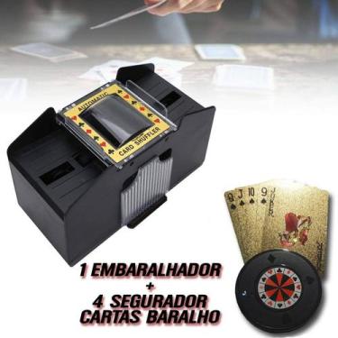 Imagem de Kit Embaralhador Misturador Cartas Baralho Automático + 4 Seguradores