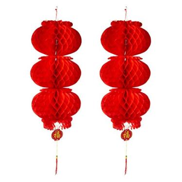 Imagem de Lanterna de pendurar de papel vermelho em 3 camadas ASIAN HOME para festival chinês de primavera, casamento, celebração, decoração festiva de festival de lanterna, Tradicional, 10 Piece, Red