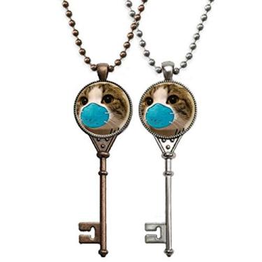 Imagem de OFFbb-USA Adorável gato vestindo cabeça expressa chaveiro colar pingente joia decoração de casal