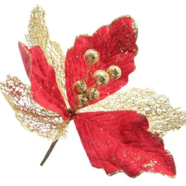 Imagem de Kit 2 Flores Com Cabo Artificial Decoração De Natal Com Glitter 27cm