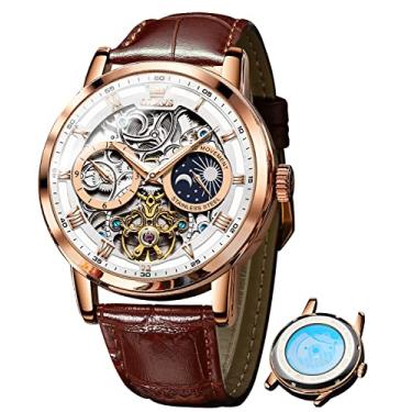 Imagem de Relógios de esqueleto para homens relógios de pulso automáticos mecânicos auto-enrolados turbillon pulseira de couro vestido de luxo fase da lua à prova d'água luminoso