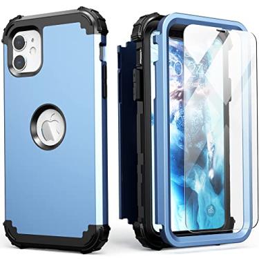 Imagem de IDweel Capa para iPhone 11 com protetor de tela (vidro temperado), híbrido 3 em 1 à prova de choque, ajuste fino, proteção resistente, capa de policarbonato rígido de silicone macio, capa de corpo inteiro, azul pacífico/preto
