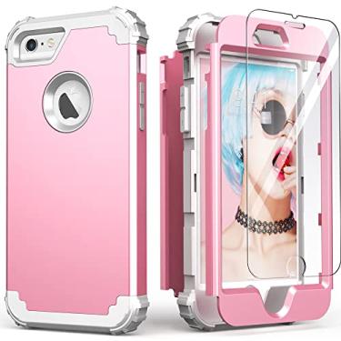 Imagem de IDweel Capa para iPhone 6S, capa para iPhone 6 com protetor de tela (vidro temperado), 3 em 1, absorção de choque, resistente, capa protetora de corpo inteiro de silicone macio para meninas, rosa/cinza claro