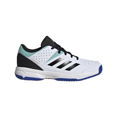 Imagem de adidas Tênis de vôlei Court Stabil unissex infantil, Branco/preto/azul lúcido, 1 Little Kid