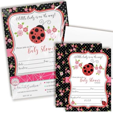 Imagem de Amanda Creation Convites de chá de bebê de joaninha vermelha para meninas, 20 5x7 convites para chá de bebê de joaninha dupla face com vinte envelopes brancos cartões temáticos de chá de bebê de